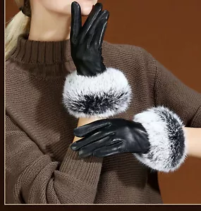 Women Genuine Lambskin Leather Gloves With Real Rabbit Fur Trim Cuff Winter Warm - Picture 1 of 13