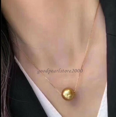 Huge 12-13mm Genuine South Sea Golden Pearl Pendant Necklace 14k Gold P Chain - Image 1 of 4