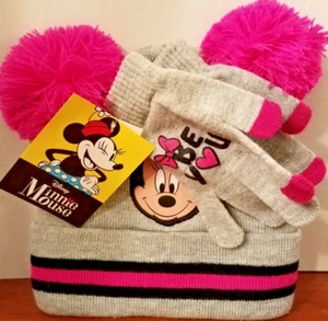 Disney MINNIE MOUSE Gray & Pink Hat Beanie AND Glove SET Bright Pink Ears NWT - Picture 1 of 3