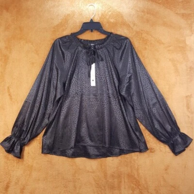 AQUA Top Womens Large Black Pullover Leopard Jacquard Satin Raglan Bell Sleeve - Image 1 of 4