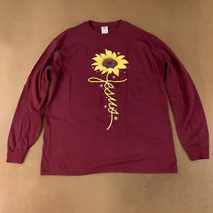 Delta Adult Size XL Maroon Sunflower Cross Jesus Print Long Sleeve T-Shirt NWT - Picture 1 of 8