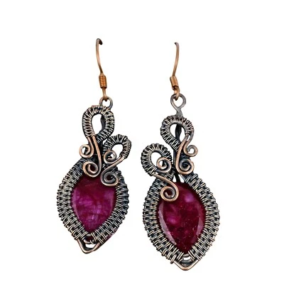 Висячие серьги-подвески с драгоценными камнями рубинами ювелирные изделия медь - Изображение 1 из 4