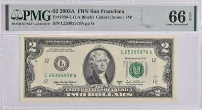 PMG Gem Unc 66 EPQ $2 2003-A San Francisco, CA Federal Reserve Fr#1938-L *2059 - Image 1 of 3