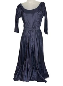 Vintage 50er Jahre dunkelblau Taft Party Kleid S Plissee Volant tailliert Mieder - Bild 1 von 20