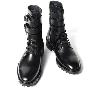 Para hombre Cuero Negro Triple Hebilla Correa Lateral Cierre Tobillo Botas Andador - Imagen 1 de 7