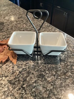 Pampered Chef Small Caddy w/ Set of 2 Ceramic Bowls & Black Wrought Iron Caddy - Image 1 of 4