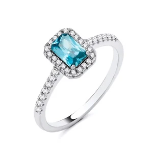 Sterling Silver 925 simulated Aquamarine & CZ Emerald Cut Halo Ring size K to S - Picture 1 of 6