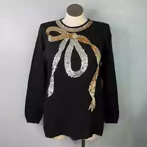 Vtg Work In Progress Sequin Bow Silk Angora Blend Black Holiday Sweater Sz 14/16 - Picture 1 of 16