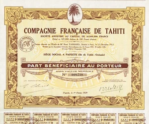 FRENCH POLYNESIA TAHITI COMPANY stock certificate/bond - Picture 1 of 1