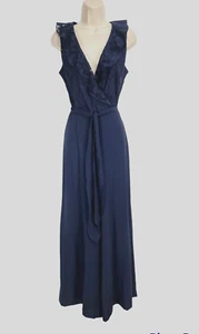 GLAMOUR Womens Navy Blue Jersey Jumpsuit Size 8 Wide Legs Ruffle V-Neck - Picture 1 of 7