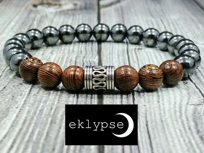 HIP 8"L Tibetan Silver 8mm Hematite & Wenge Wood Gemstone Beaded Unisex Bracelet - Image 1 of 4