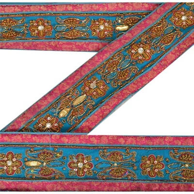 Sanskriti Vintage Sari Borde Cuentas a Mano 1 Yarda Borde Indio Costura Encaje Azul Foto 1 de 4