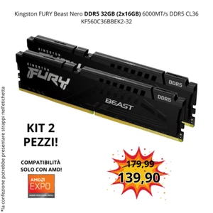 ✅ RAM Kingston FURY Beast Nero DDR5 32GB 2x16GB 6000MHz CL36 KF560C36BBEK2-32 - Foto 1 di 7