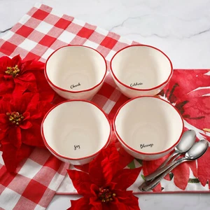 Christmas Holiday Hollyplace Cream w/Red Edges Freeform 6" Bowls Set-4 - Picture 1 of 8