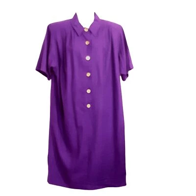 复古 Leslie Faye 女式丝绸连衣裙 16W 紫色短袖衬衫裙 — 第 1/4 张图片