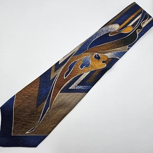 Vitaliano Pancaldi Necktie Tie Italy Silk Blue Gold Abstract Art Nautical Fish - Picture 1 of 8