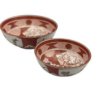 Pair Of Antique Japanese Red Kutani Pottery Bowls 7" & 9.25" SEE - Image 1 of 4