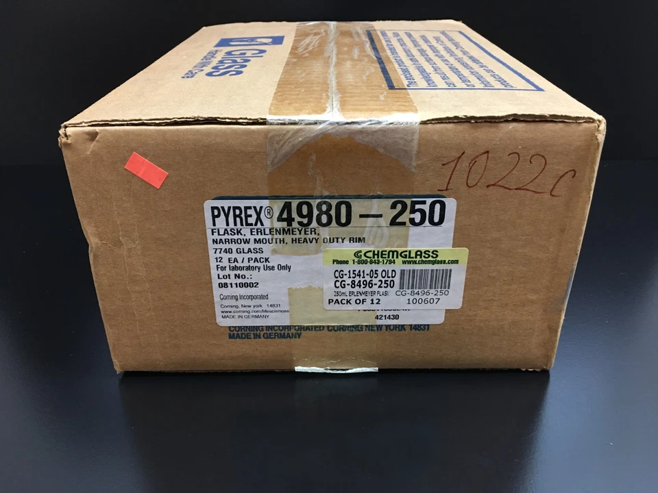 Chemglass Cat No CG8496250 Erlenmeyer Flask 250mL Pyrex 4980-250