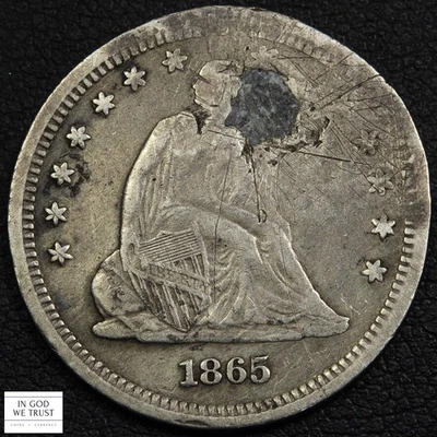 1865 Seated Liberty Silver Quarter 25C - Damaged & Plugged - Image 1 of 2