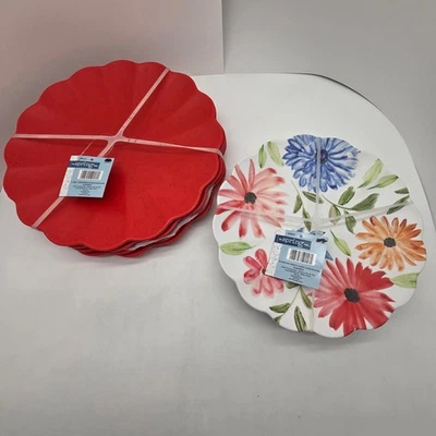 Hobby Lobby 4 Red Orange Scalloped Dinner Plates 4 Floral Salad Plates Melamine - Image 1 of 4