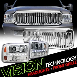 Chrome LED Headlights Signal Parking Amb 1Pc Ks+Vertical Grille For 99-04 F250 - Picture 1 of 2