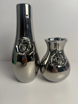 Set of 2 Pier 1 Imports Etched Rose Flower Vases Silver Chrome - Great Condition - Image 1 of 4