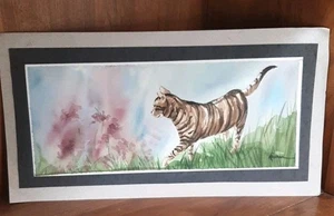 Quadro acquerello orig gatto tigre MINDY TRA I FIORI Pat Rayman DELPHOS OH - Foto 1 di 19
