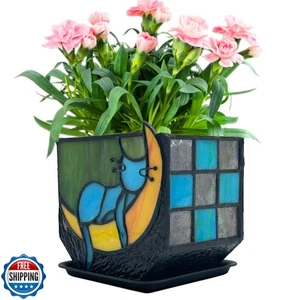 Entlityful Tiffany Stained Glass Unique Moon Sleeping Blue Cat Planter,Indoor - Picture 1 of 5