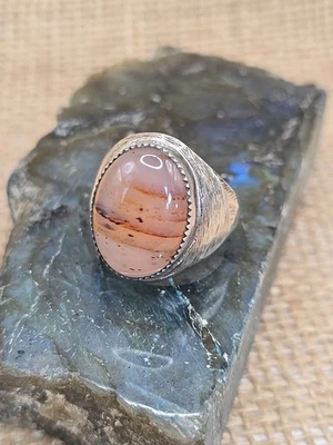 Anillo meñique grueso de plata esterlina a rayas de ágata talla 11 18,68 G para hombre Foto 1 de 4