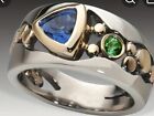 Womens Rings Size 7 Stainless Steel Blue Sapphire Green Sapphire Gold &...