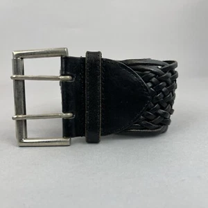 Black Leather Plaited Woven Y2K Double Buckle VTG Belt Size M 41" Long Length - Picture 1 of 10