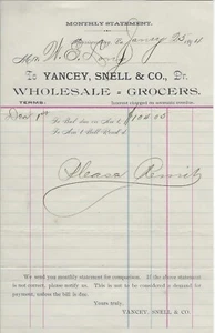 Factura de supermercados al por mayor rara de enero de 1894 Yancey, Snell & Co. - Imagen 1 de 1