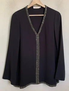Tory Burch Black Tunic Silk Crystal Embellished Trim V-Neck Long Sleeve Size 2 - Picture 1 of 10