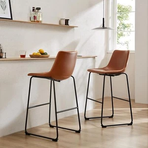 Counter Height Bar Stools Set of 2, 26 inch Leather Barstools Modern Bar Stools - Picture 1 of 7