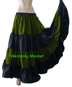 Olive Green & Black Satin Belly Dance 6 Yard 4 Tier Gypsy Skirt Ruffle Flamenco - Picture 1 of 1