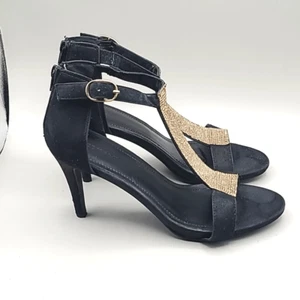 Lane Bryant Black Velvet Ankle Strap Heels with Gold Rhinestones, Size 10W - Picture 1 of 11