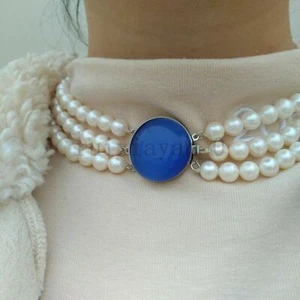 3 Row Strand White 7-8mm South Sea Pearl Choker Necklace Royal Blue Clasp 16-18" - Picture 1 of 6