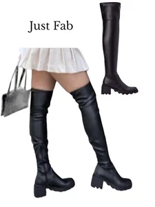 JF Just Fab Boots Women's Size 6 Black Jordane Over-The-Knee Chunky Heel Y2K - Picture 1 of 13