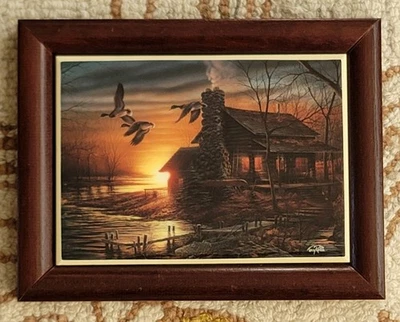 Arte de azulejos vintage TERRY REDLIN “Golden Retreat”, 6,5 x 8,5" cabina patos del lago puesta de sol Foto 1 de 4