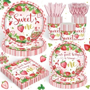 120PCS Strawberry Themed Supplies for Girls Kids Sweet One 1st Birthday Party - Picture 1 of 5