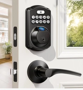 Veise Fingerprint Keyless Entry Door Lock with 2 Lever Handles KS01B Matte Black - Picture 1 of 3
