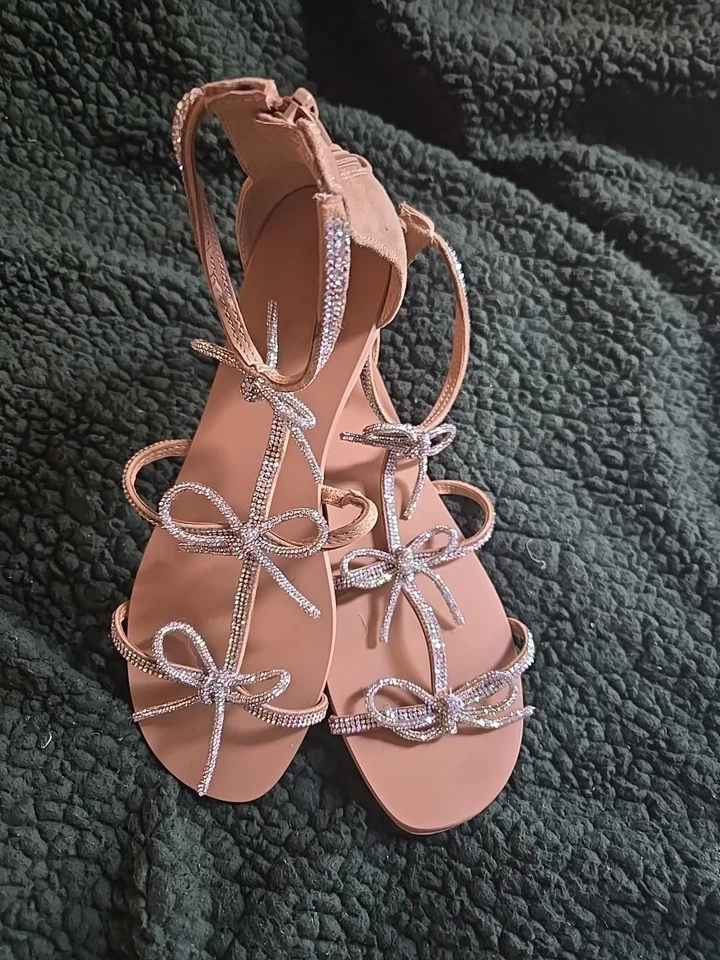 Sandálias planas femininas cintilantes de strass tiras em T tanga elegante sapatos de casamento de praia - Imagem 1 de 3