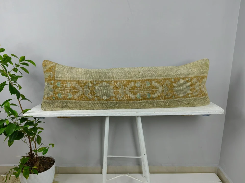 Kilim Lumbar 12x40 in Long Lumbar Pillow Turkish Rug Cushion Cover Wool Beige - Image 1 of 4