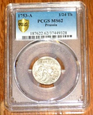 PCGS MS62 1753A PRUSSIA Friedrich II Silver 1/24 Thaler KM-276 PRUSSIAN UNC COIN - Image 1 of 4