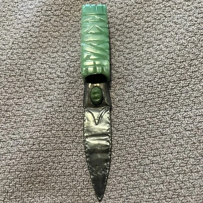 VIntage Mexican Ornamental Sterling Silver Knife With Carved Aventurine Handle - Image 1 of 4