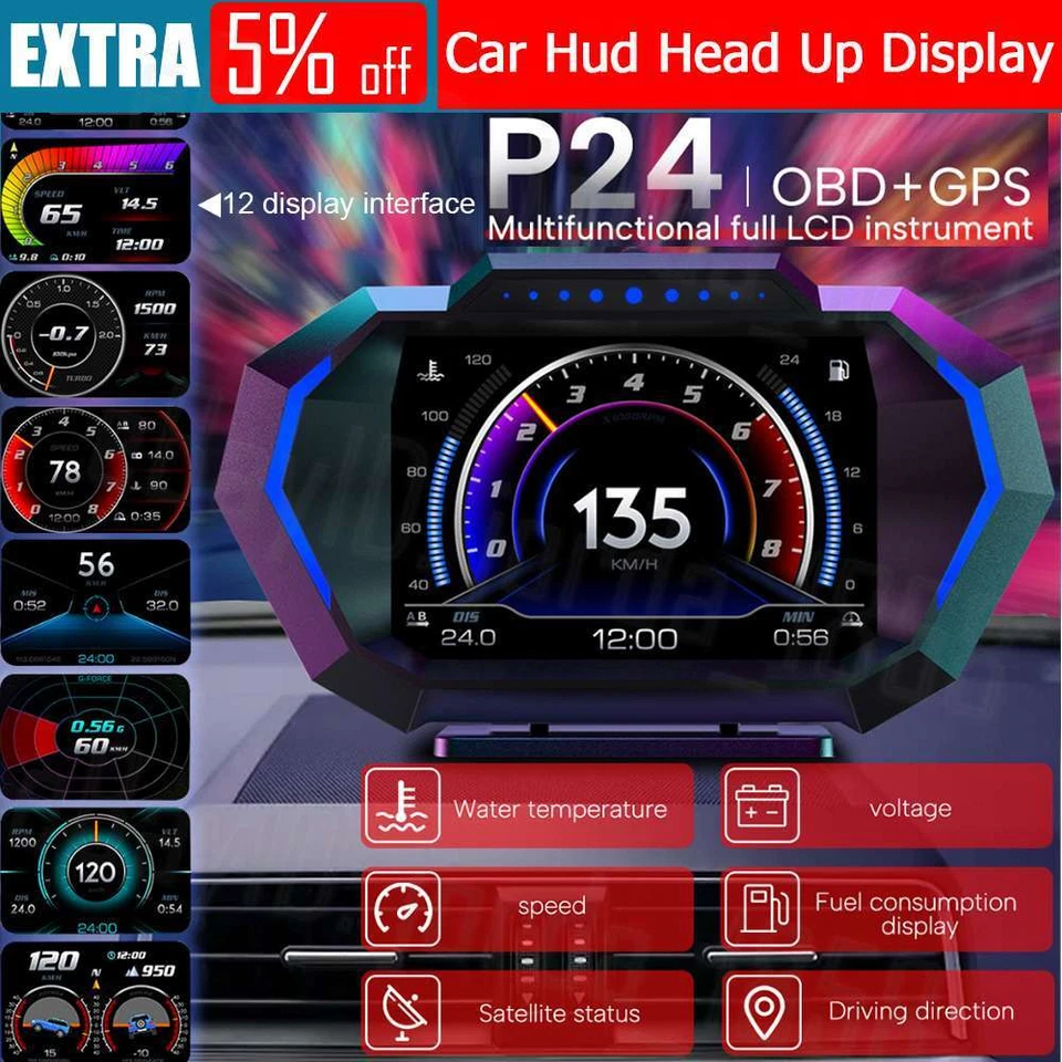 OBD2+GPS HUD Gauge Head Up Car Digital Display Speedometer Turbo RPM Alarm Temp - image 1 of 4