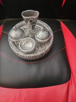 8 Piece Ceremonial Betel Nut Set Silver Aluminium Tray & Lidded Cups Asian Art - Image 1 of 4
