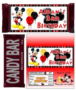 MICKEY MOUSE CUMPLEAÑOS BARRA DE CHOCOLATE FIESTA DE CUMPLEAÑOS FAVORES BARRA DE CARAMELO ENVOLTORIOS - Imagen 1 de 2