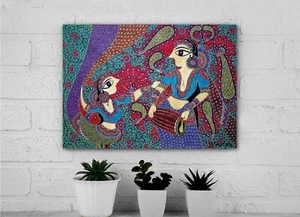 Indian Madhubani Art Poster 12x18 – Girls with Peacock – Laminated - Picture 1 of 7