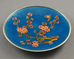 Vintage Blue Cloisonne Enamel Metal Oriental Floral & Bird Motif Small Plate - Picture 1 of 6